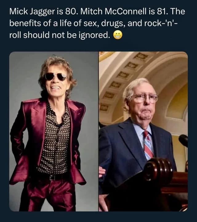 Side-by-side comparison of Mick Jagger and Mitch McConnell aging memes.