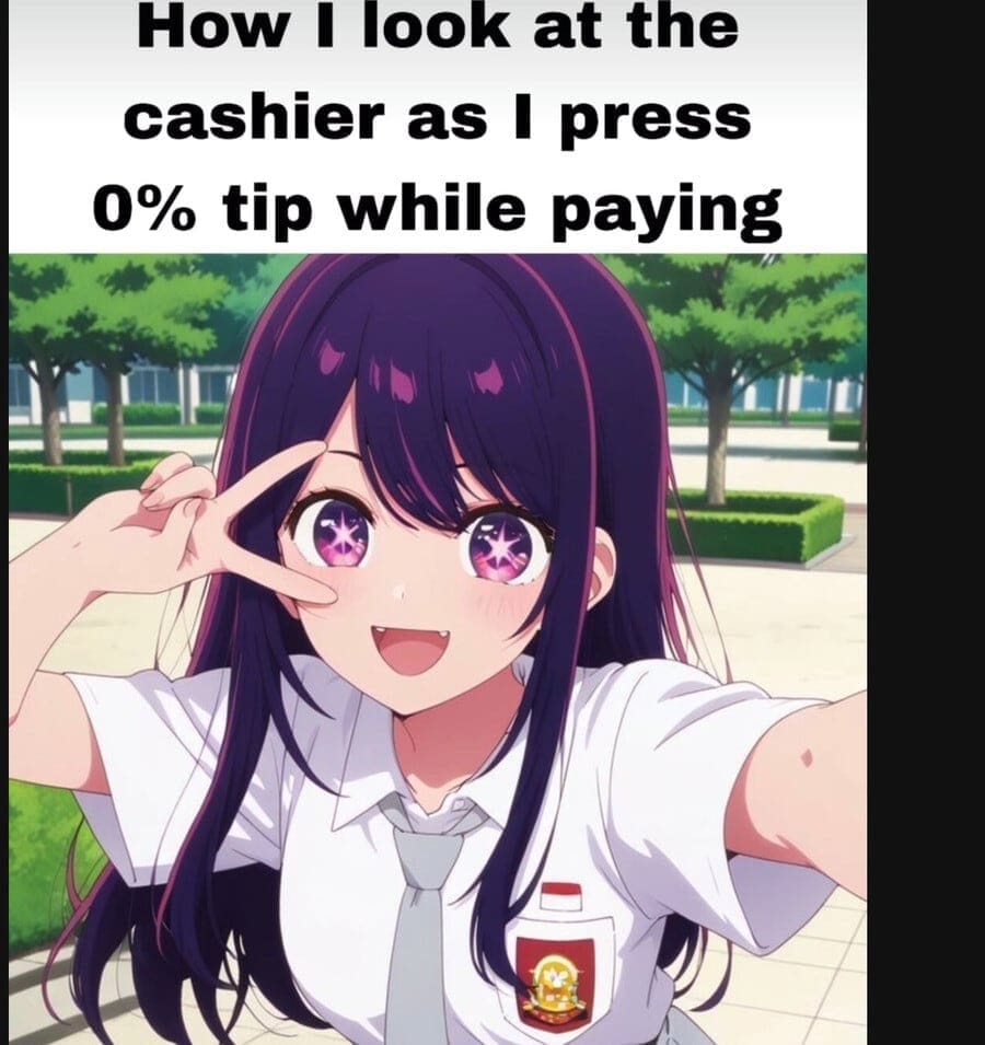Anime girl smiling while pressing the zero tip button on a payment screen.