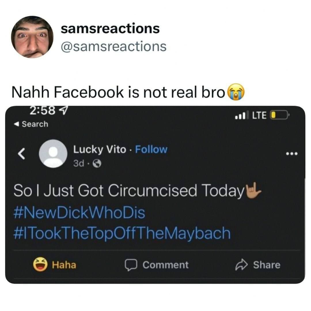 Bizarre Facebook status update announcing an adult circumcision with wild hashtags.