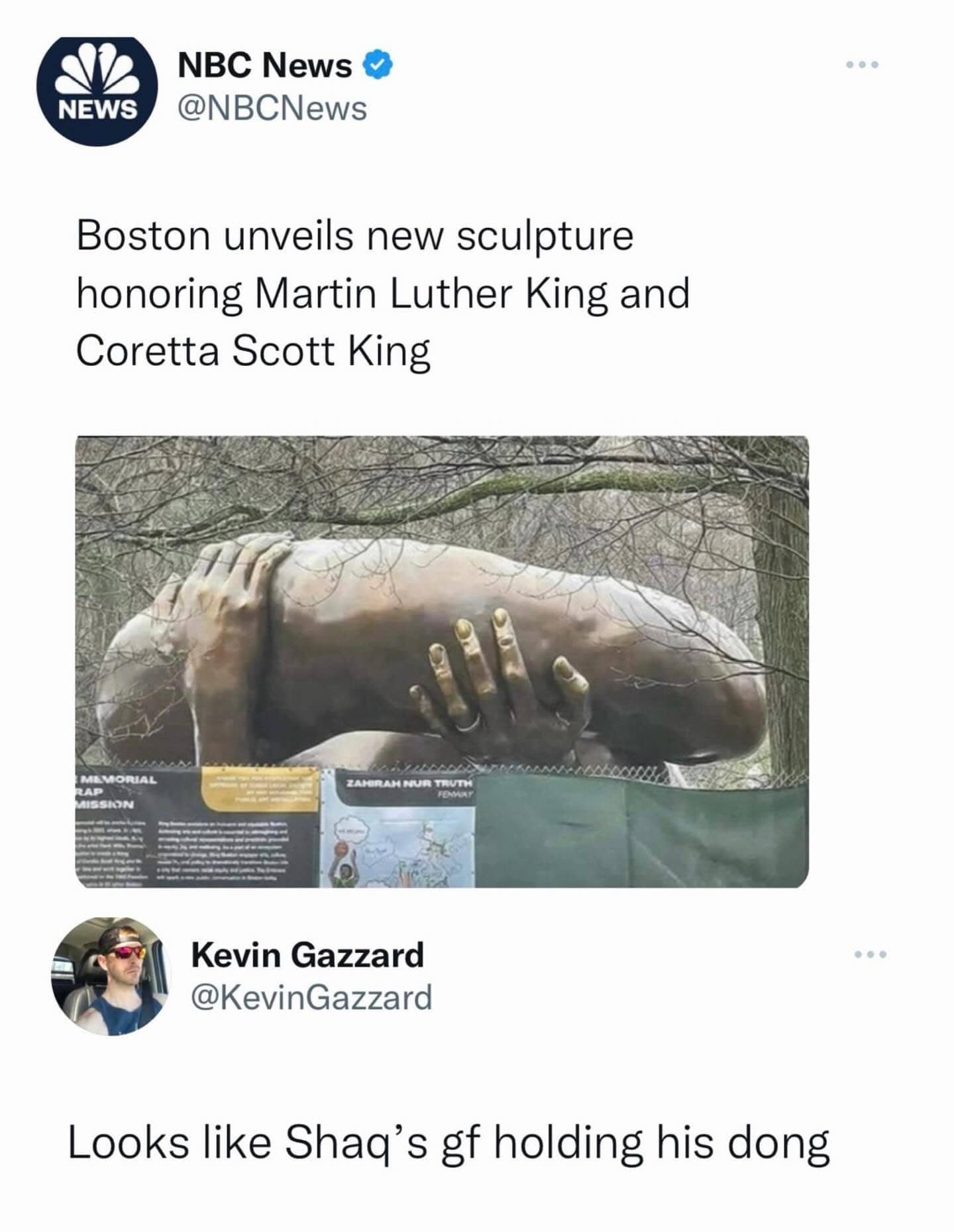 Tweet comparing the abstract Boston MLK sculpture to an explicit act involving Shaquille O'Neal.