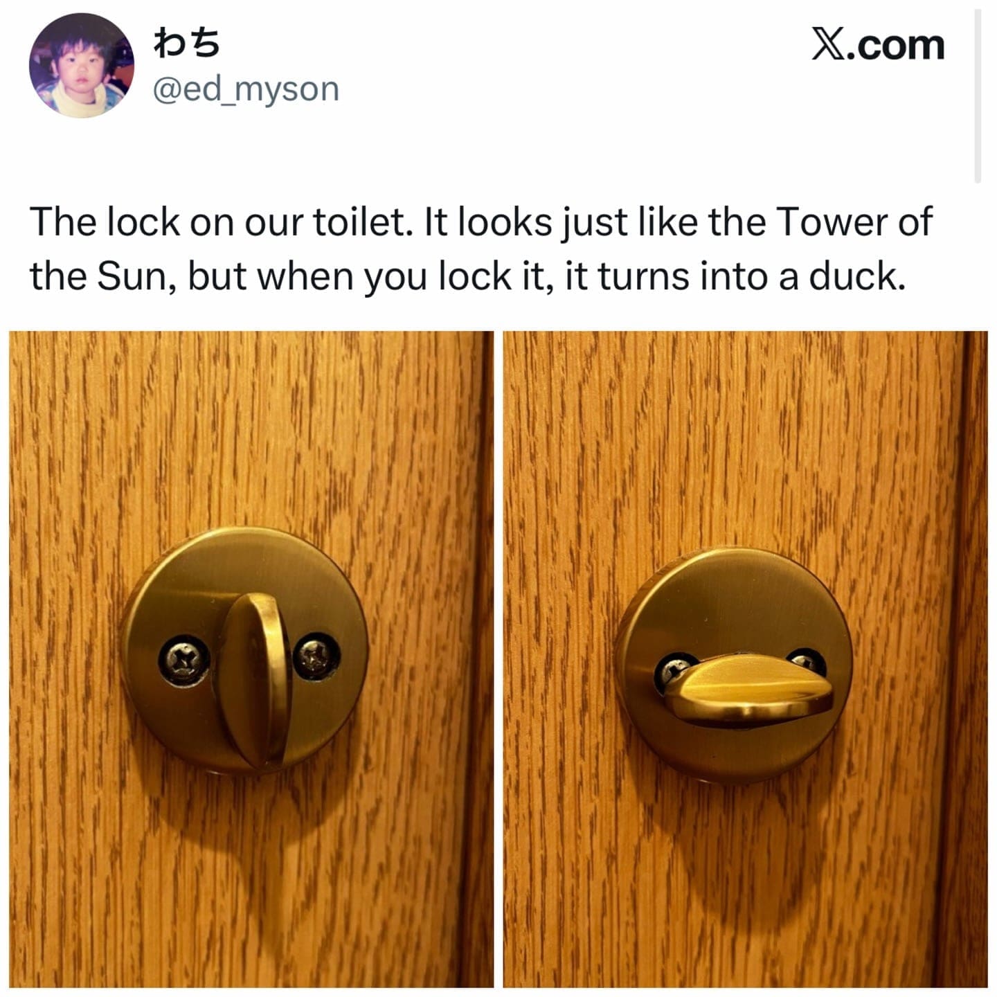 Brass toilet door lock that resembles a face and transforms into a duck beak.
