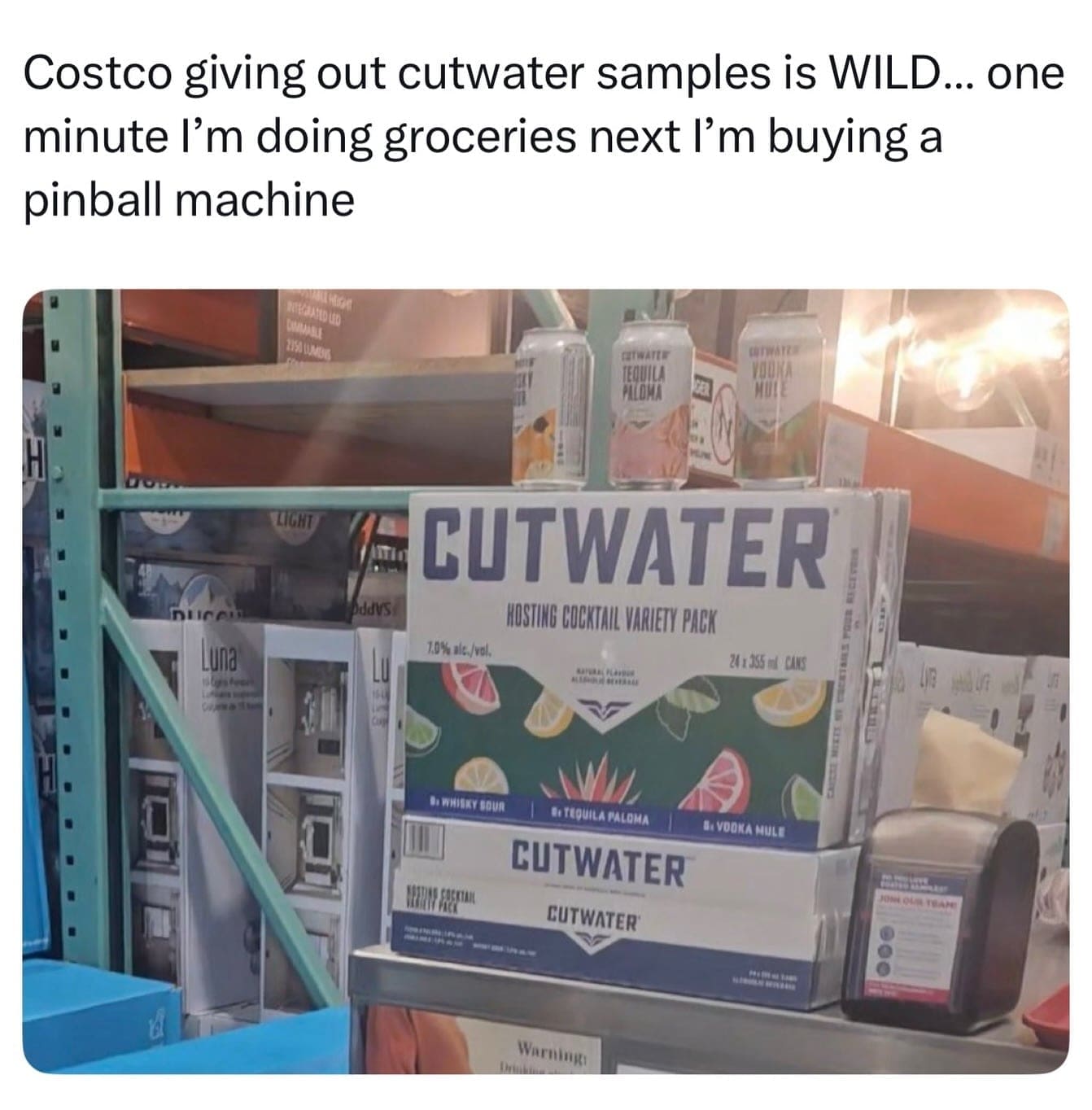 Costco alcohol samples next to boxes with a caption about impulsive shopping.