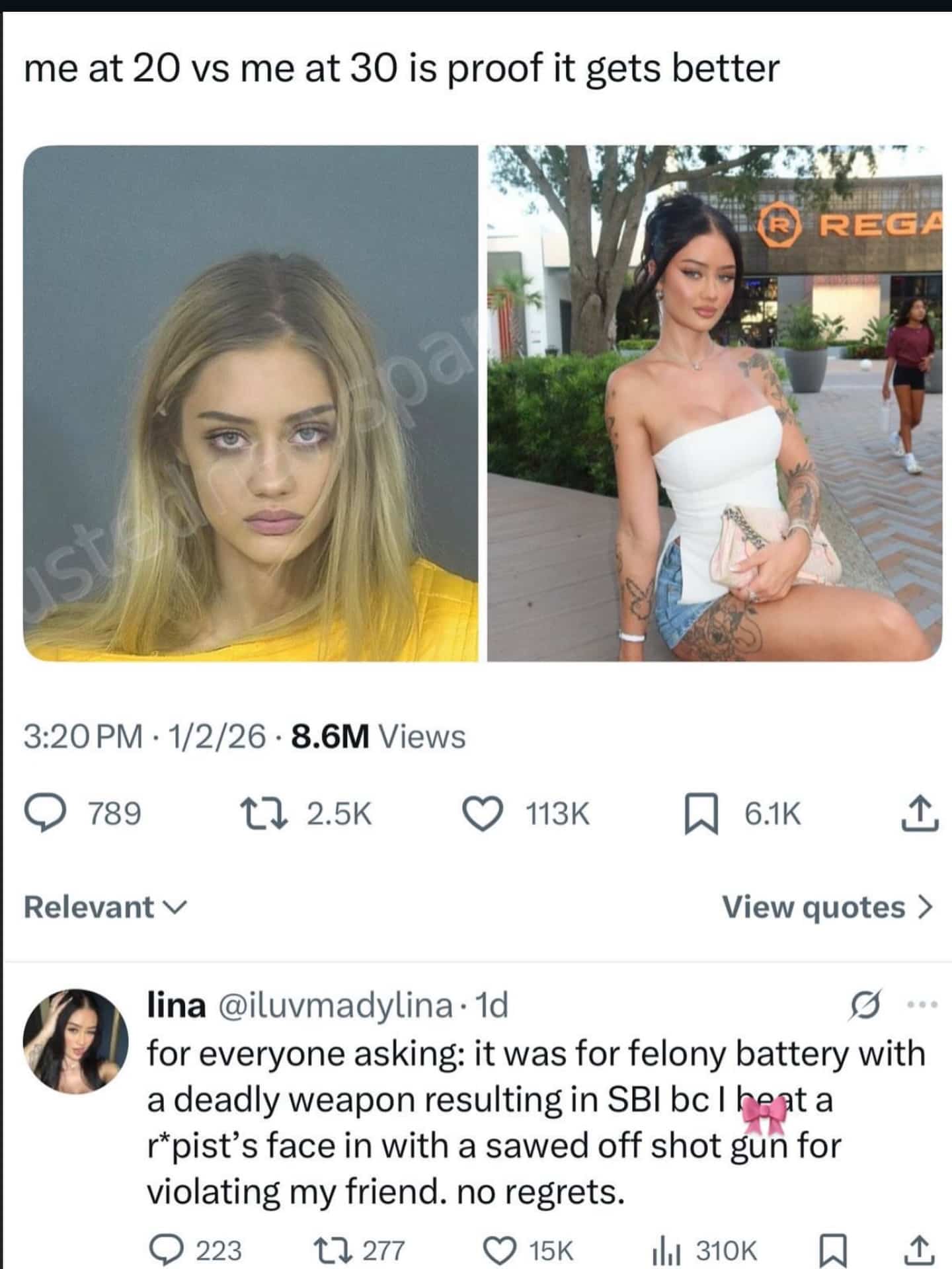 Side-by-side comparison of a mugshot at twenty versus a glamorous photo at thirty.