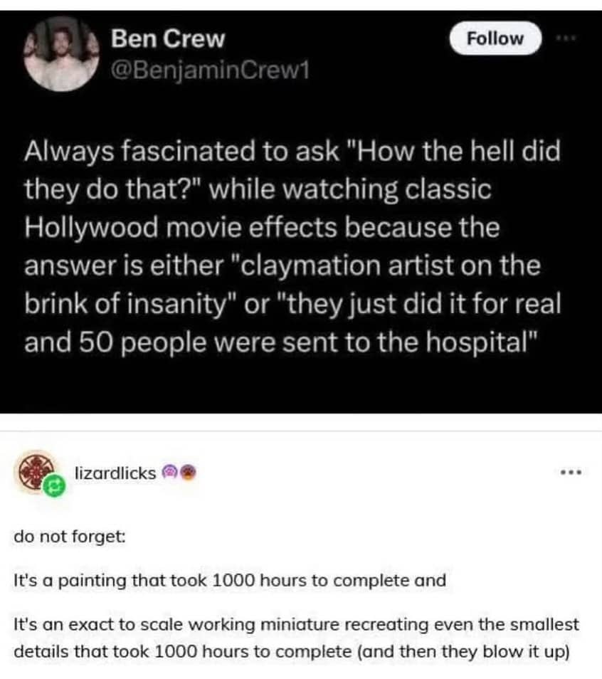 Tweet discussing the dangerous and insane lengths filmmakers went to for practical effects.