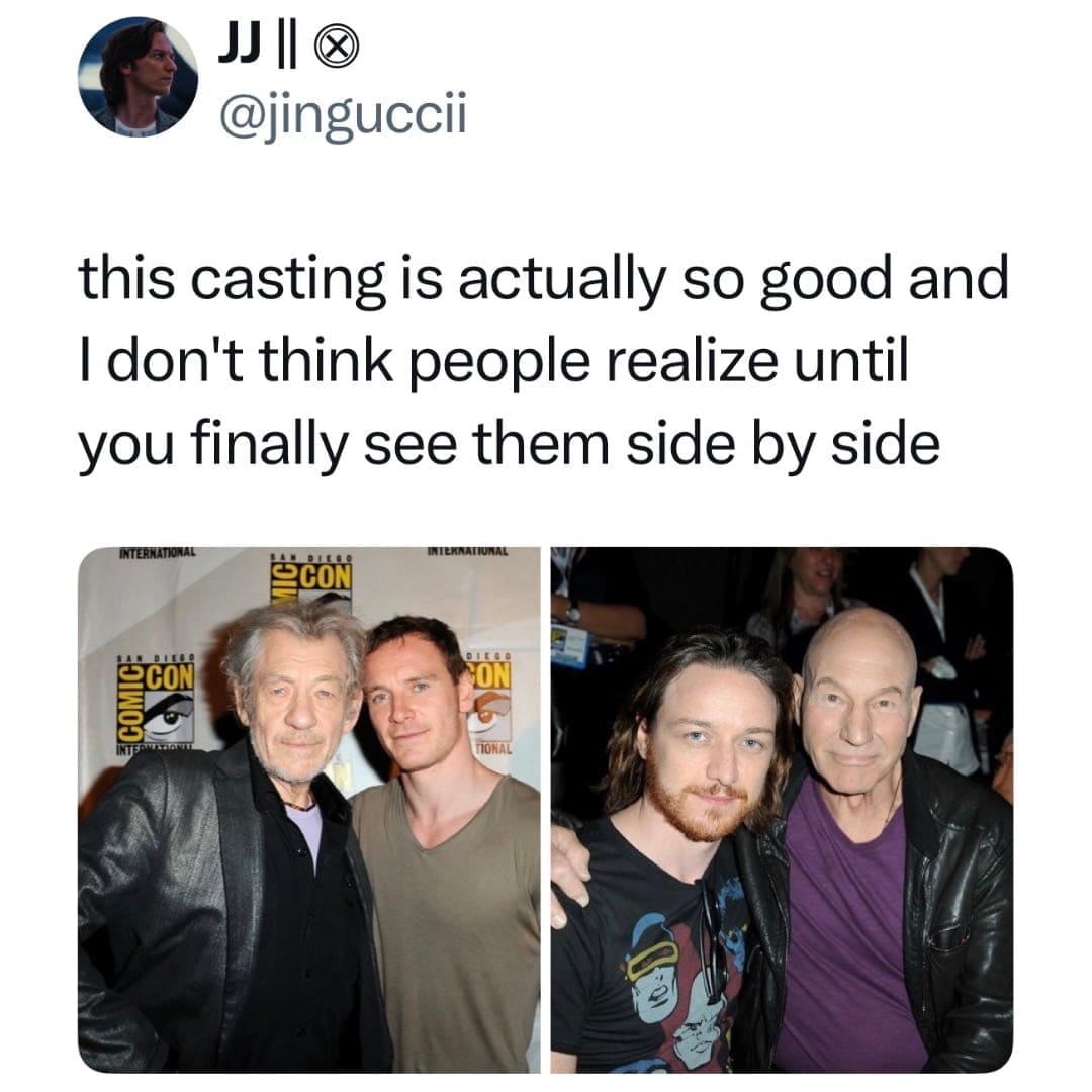 Side-by-side photo comparing young and old X-Men actors showing perfect casting.