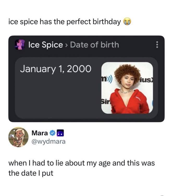 Ice Spice birthday shown as January first two thousand matching fake age verification dates.