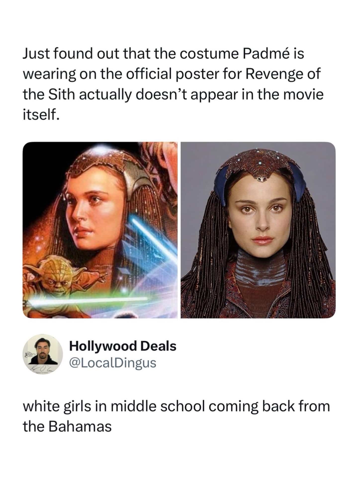 Star Wars meme comparing Padme's braids to girls returning from the Bahamas.
