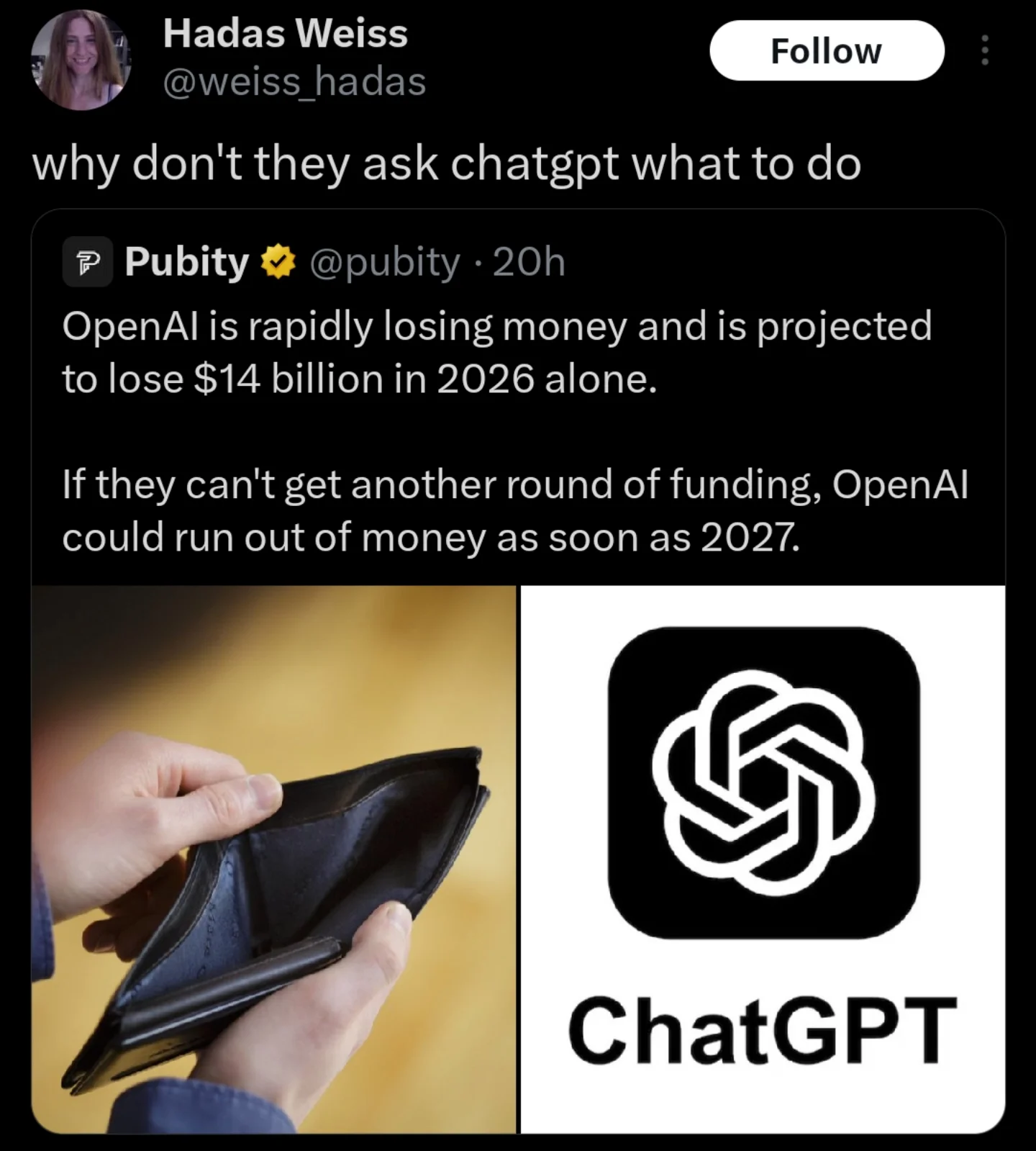 Tweet mocking OpenAI financial losses by suggesting they ask ChatGPT for business advice.