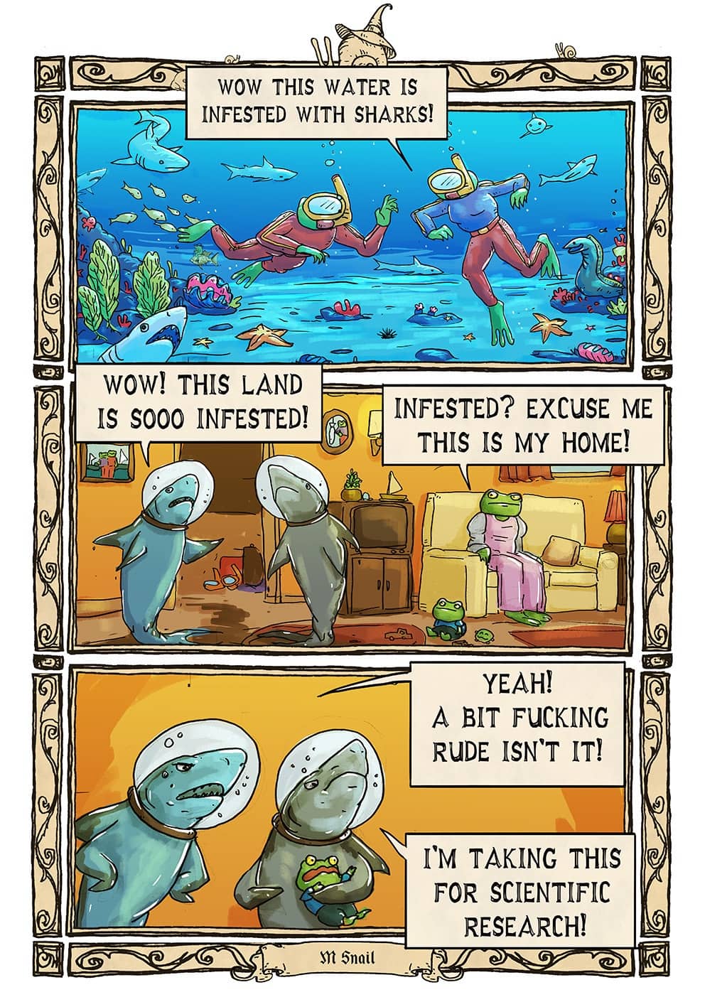 Comic strip where sharks in reverse scuba suits kidnap a frog for scientific research.
