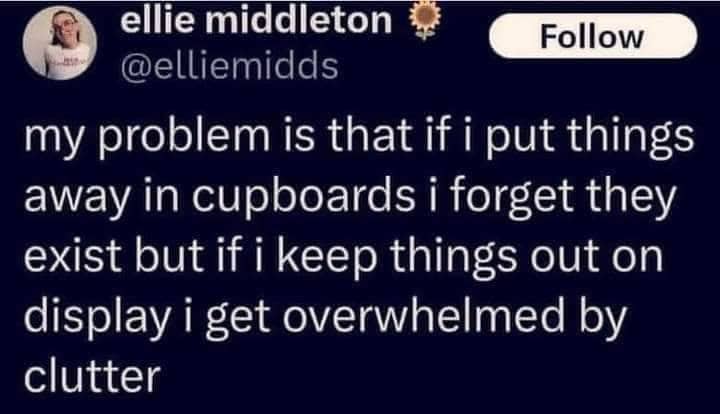 Tweet explaining the struggle between object permanence and clutter anxiety funny pics