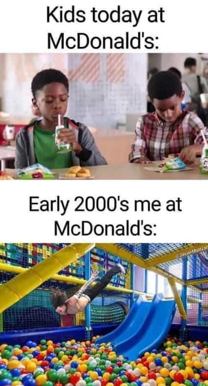 Comparison of modern kids on tablets versus 2000s kids diving into ball pits.