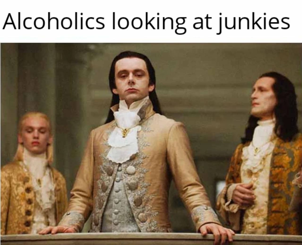 Twilight Volturi standing on balcony representing alcoholics judging drug users.