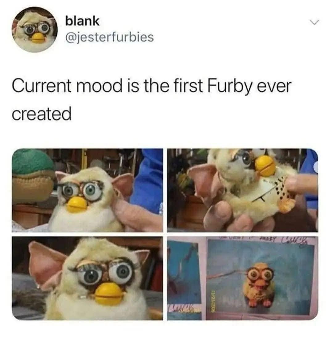 Terrifying prototype of the first Furby ever created looking chaotic and unhinged.