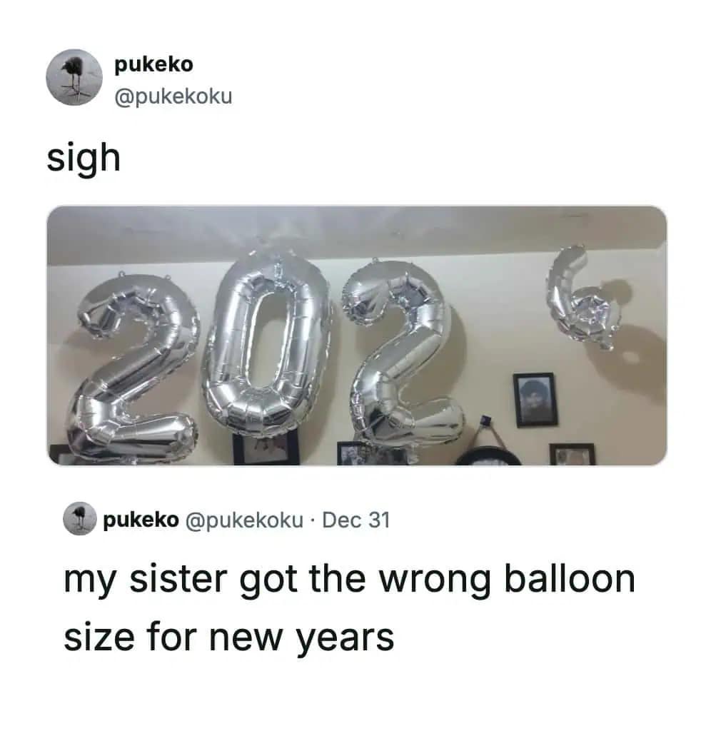 New Year balloons for 2026 where the six is much smaller than other numbers funny pic.