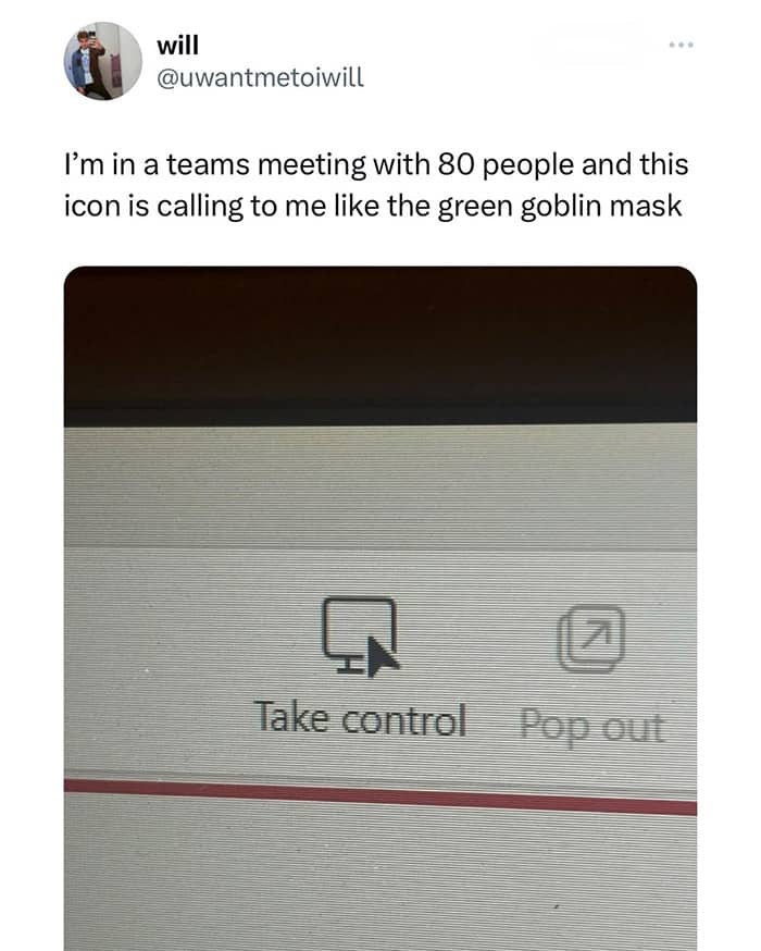 Teams meeting screen showing a "Take control" icon resembling the Green Goblin mask.