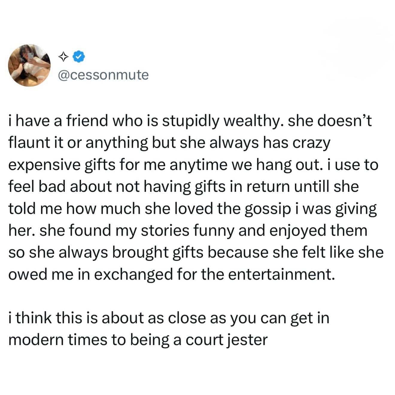 Tweet comparing a friendship dynamic to a medieval court jester entertaining a queen.