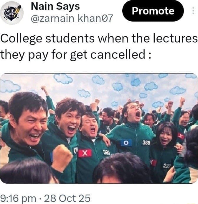 Squid Game characters cheering wildly about college lectures being cancelled.
