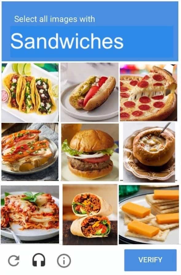 Captcha grid asking to select sandwiches but displaying tacos, hot dogs, and pizza.