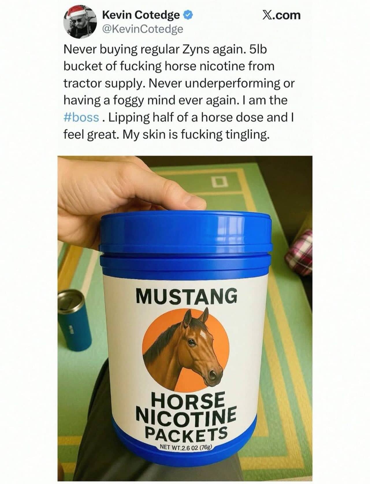 Tweet showing a five-pound bucket of horse nicotine packets being used as a Zyn alternative.