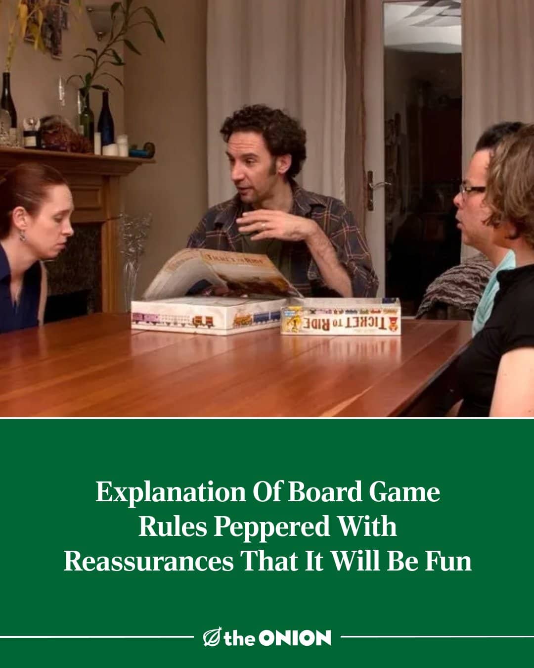The Onion headline about explaining board game rules while insisting it will be fun.
