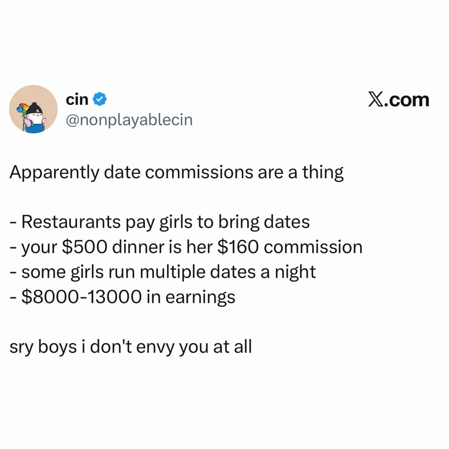 Tweet explaining restaurant date commissions scam for bringing expensive dates.