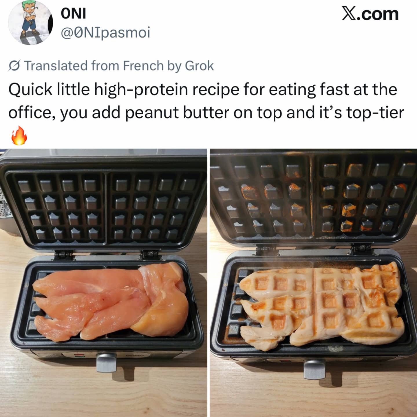 Raw chicken breast cooked in waffle iron protein hack meme.