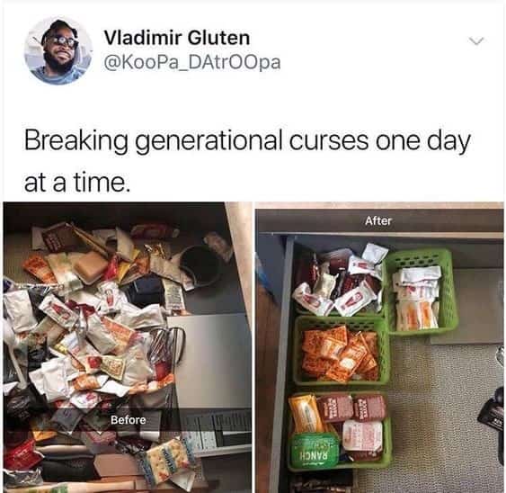 Before and after photo of a messy junk drawer organized into neat green baskets.