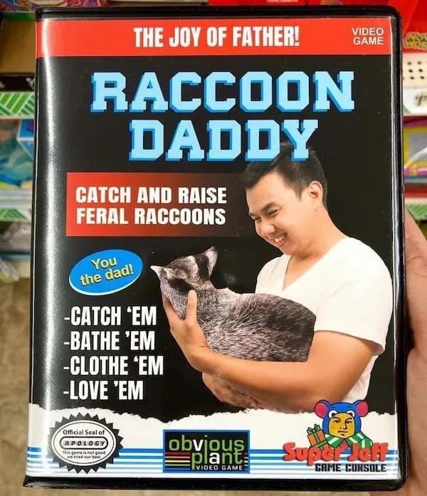 Fake video game cover for Raccoon Daddy showing man holding raccoon funny pic.