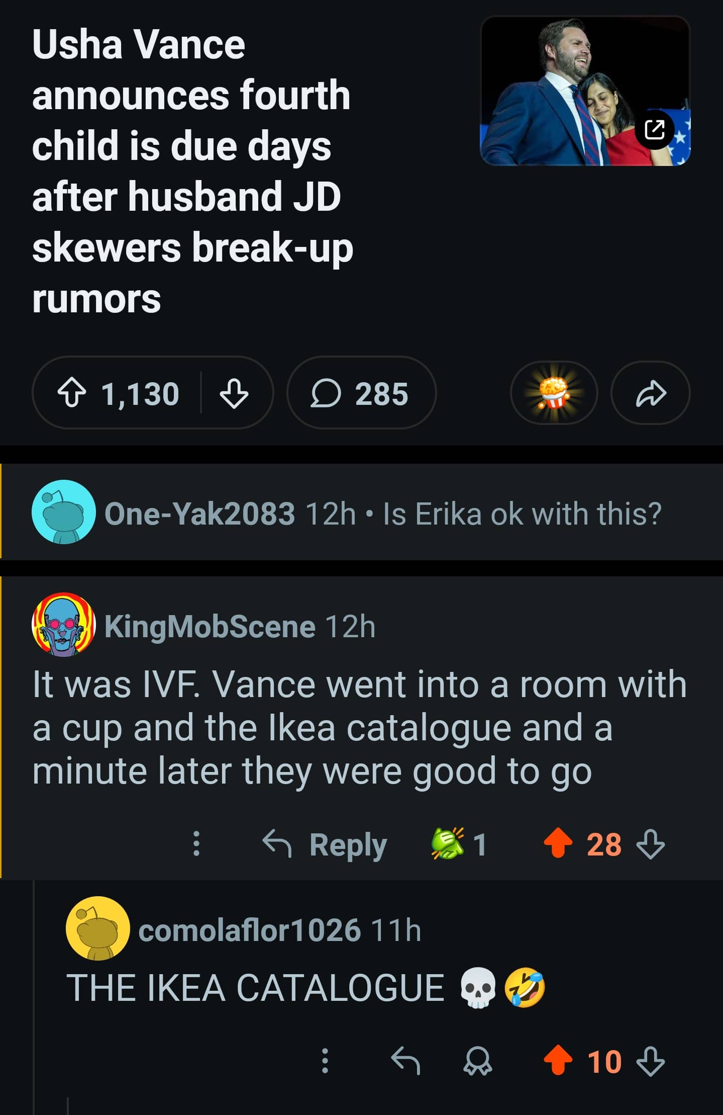 Reddit comment joking about JD Vance using an Ikea catalogue during IVF process.