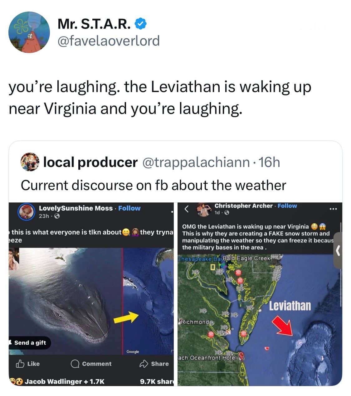 Viral weather map meme showing Leviathan monster waking up near Virginia coast.