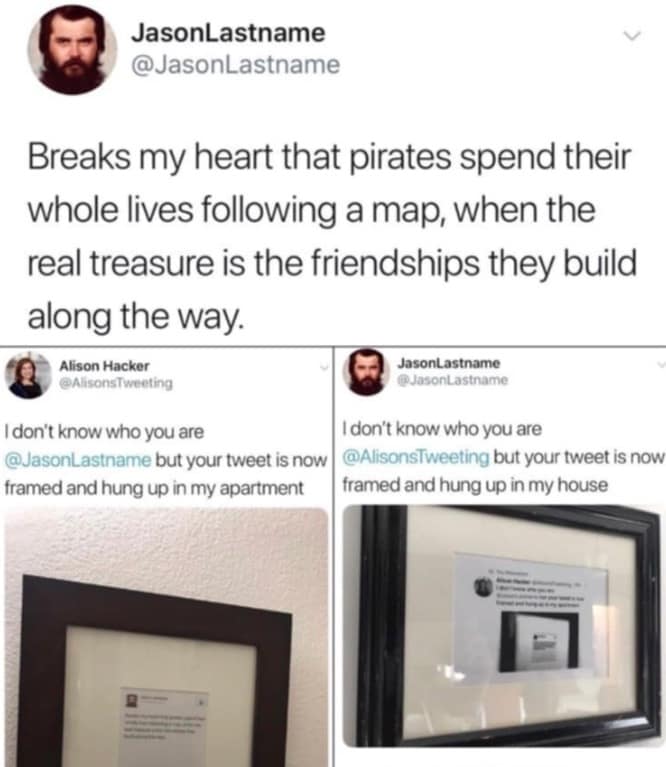 Tweet thread showing users framing each other's tweets about pirates finding friendship.