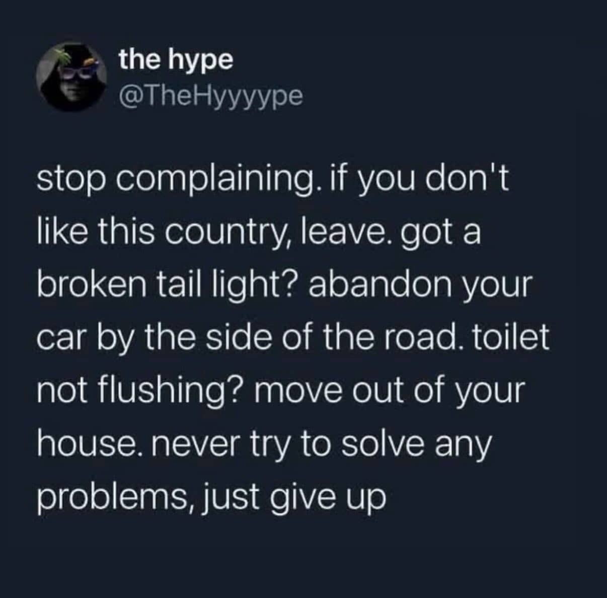 Tweet satirizing the leave the country argument using a broken car taillight analogy.