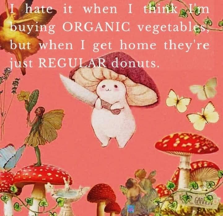 Cute mushroom character with knife meme about buying donuts instead of vegetables.