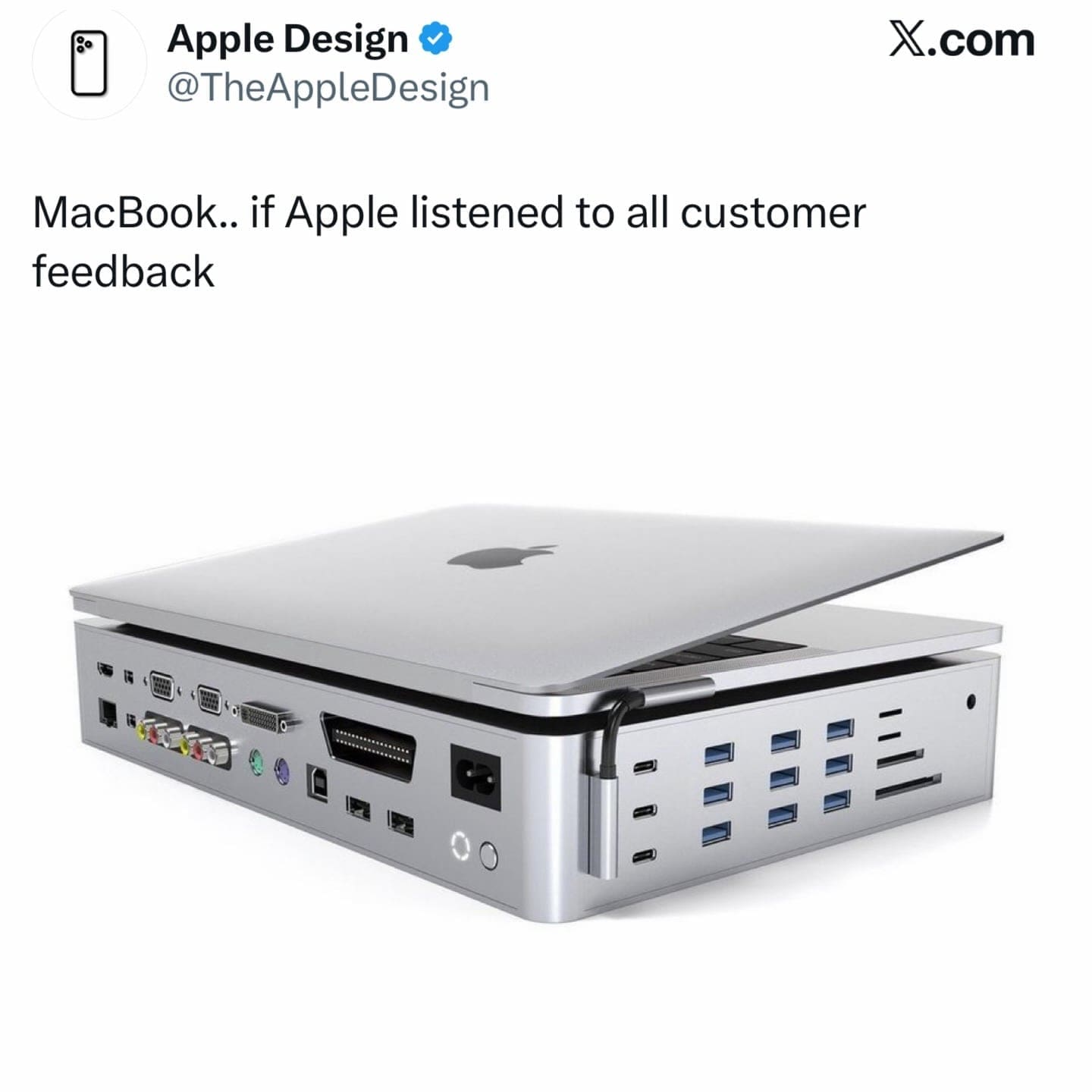Satirical mockup of a thick MacBook loaded with dozens of legacy ports like VGA, RCA, and Ethernet.
