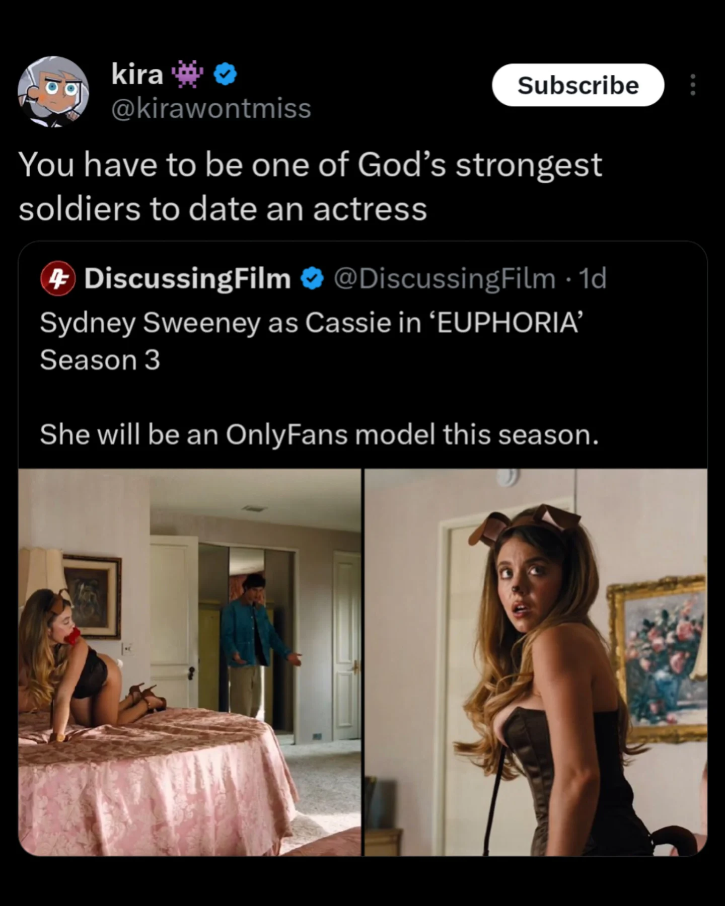 Tweet joking about the strength required to date an actress playing provocative roles.