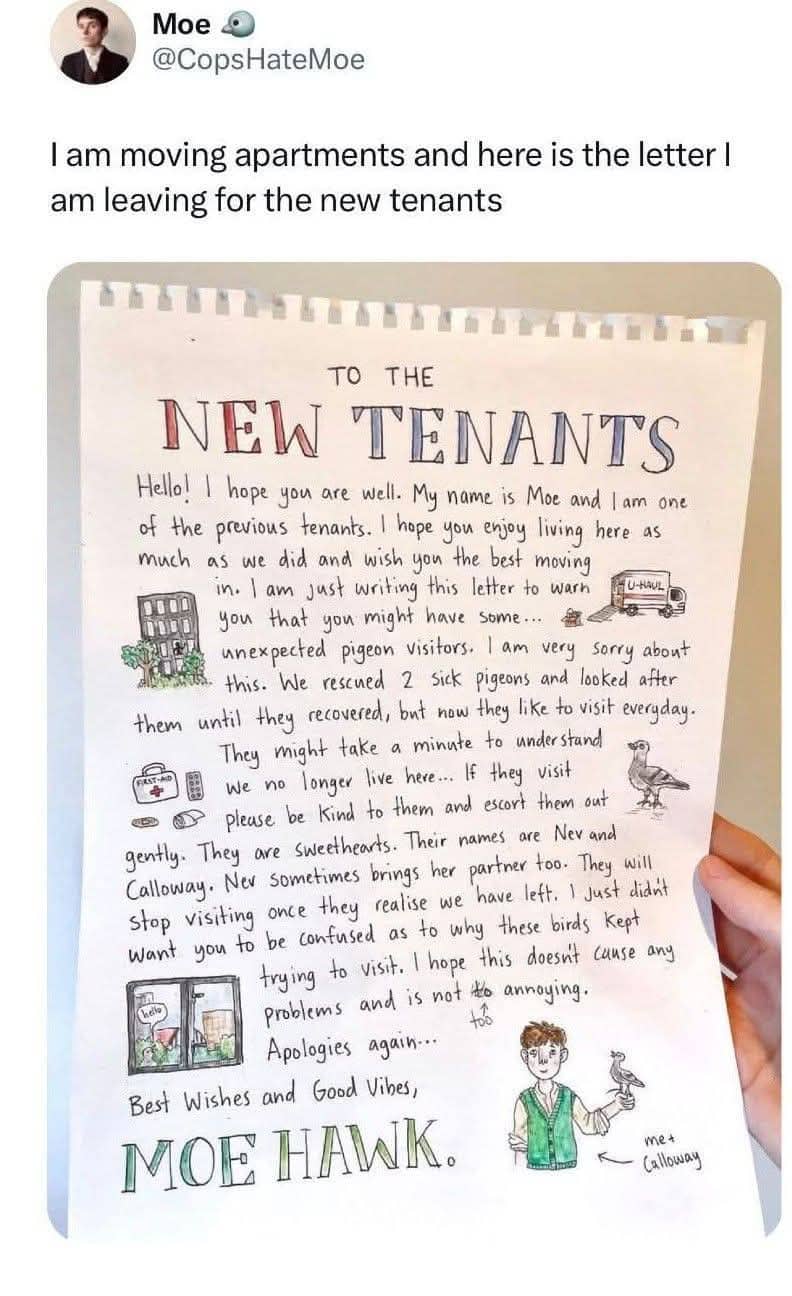 Handwritten letter from previous tenant warning about visiting pigeons named Nev and Calloway.