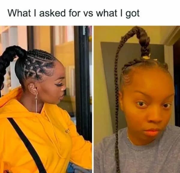 Comparison of sleek braided ponytail expectation versus a stiff, sticking-up hair fail reality.