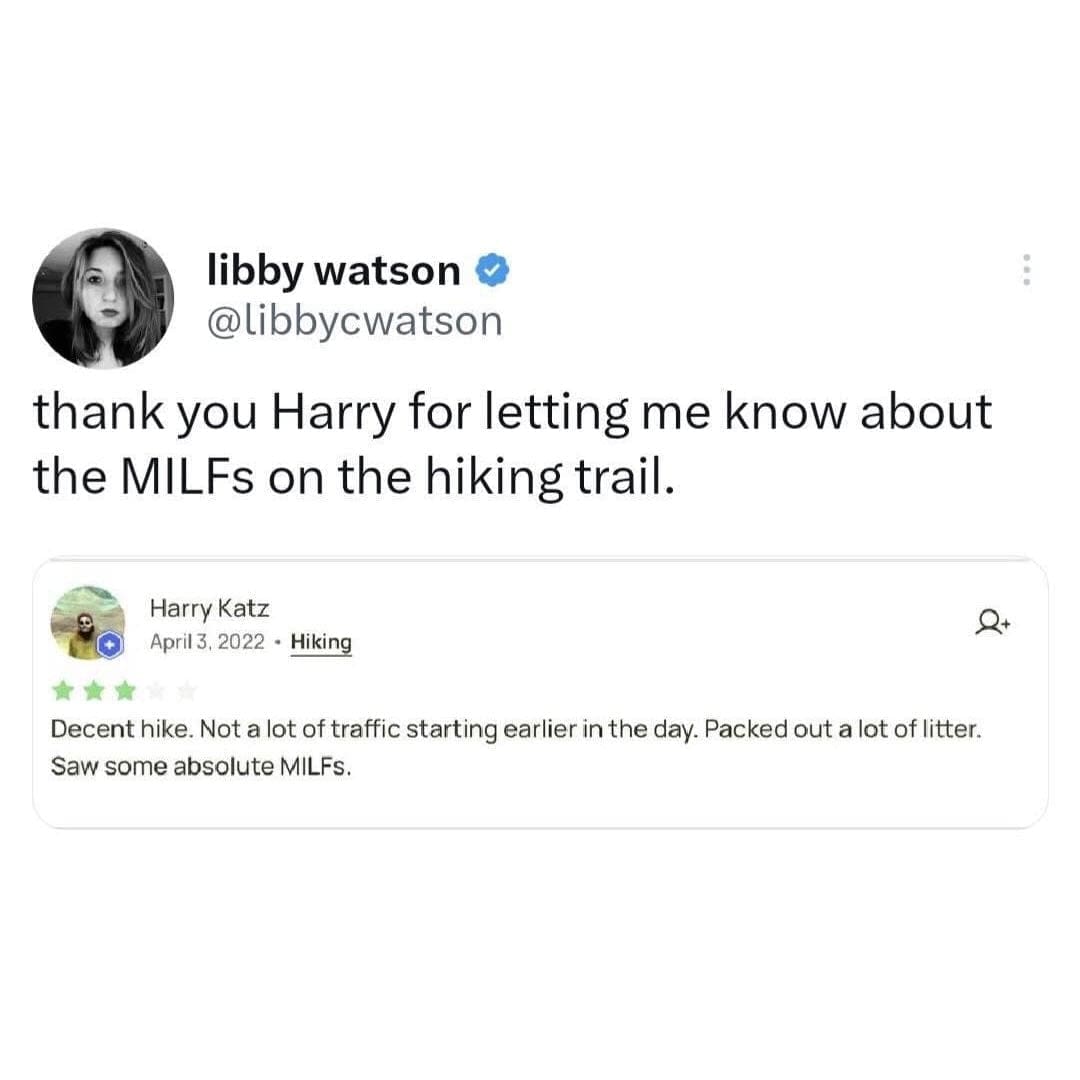 Viral hiking trail review where a user named Harry unexpectedly mentions seeing attractive mothers on the path.