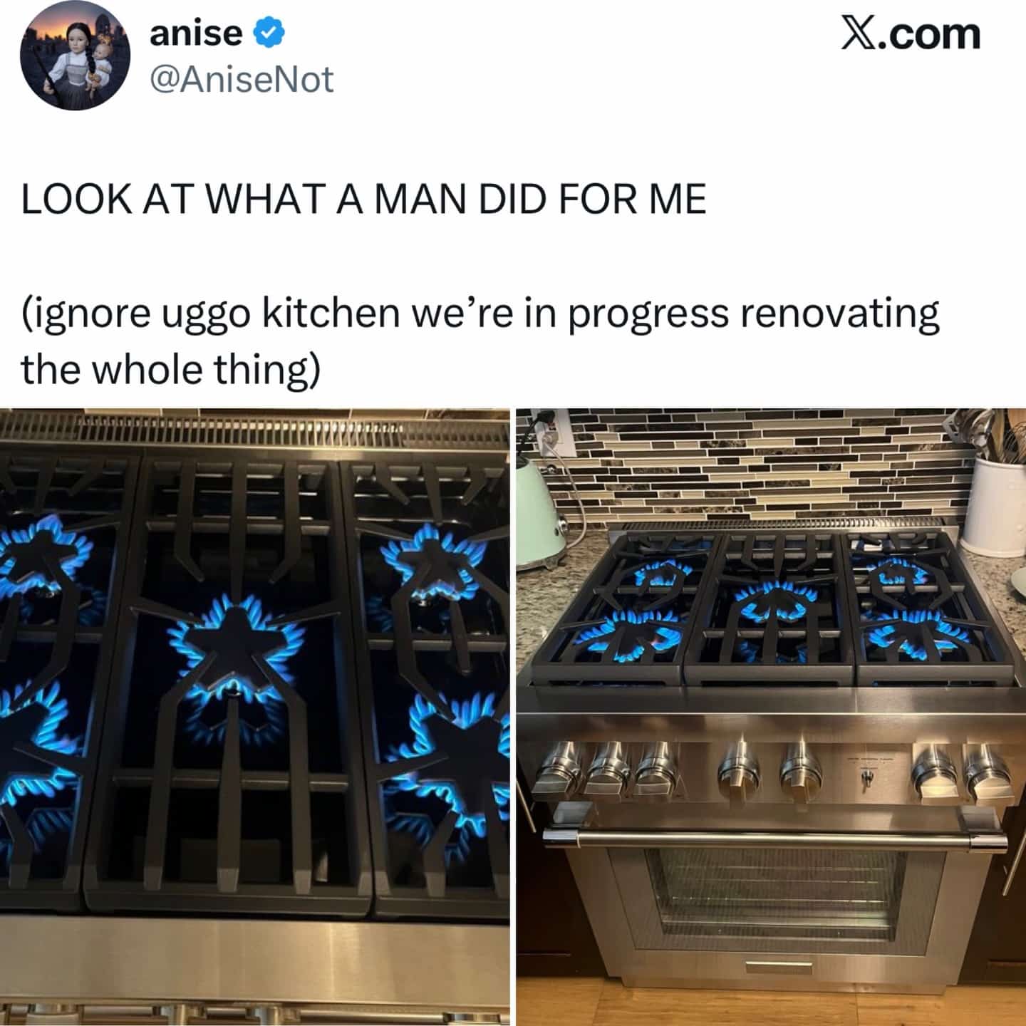 Gas stove top featuring custom star shaped burners lit with blue flames.
