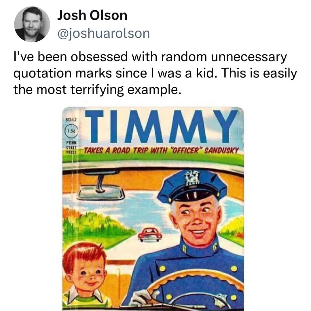 Vintage Timmy comic cover with suspicious quotation marks around Officer Sandusky.