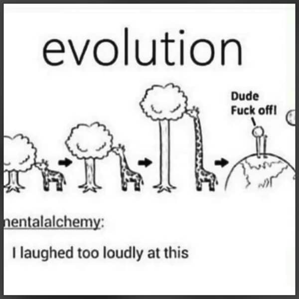 Stick figure standing on hill flipping off tall giraffe in evolution diagram.