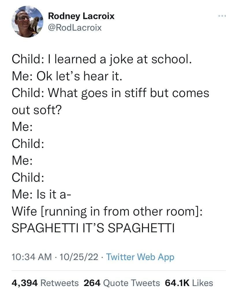 Tweet about a parent panicking at a child's spaghetti joke with a double entendre.