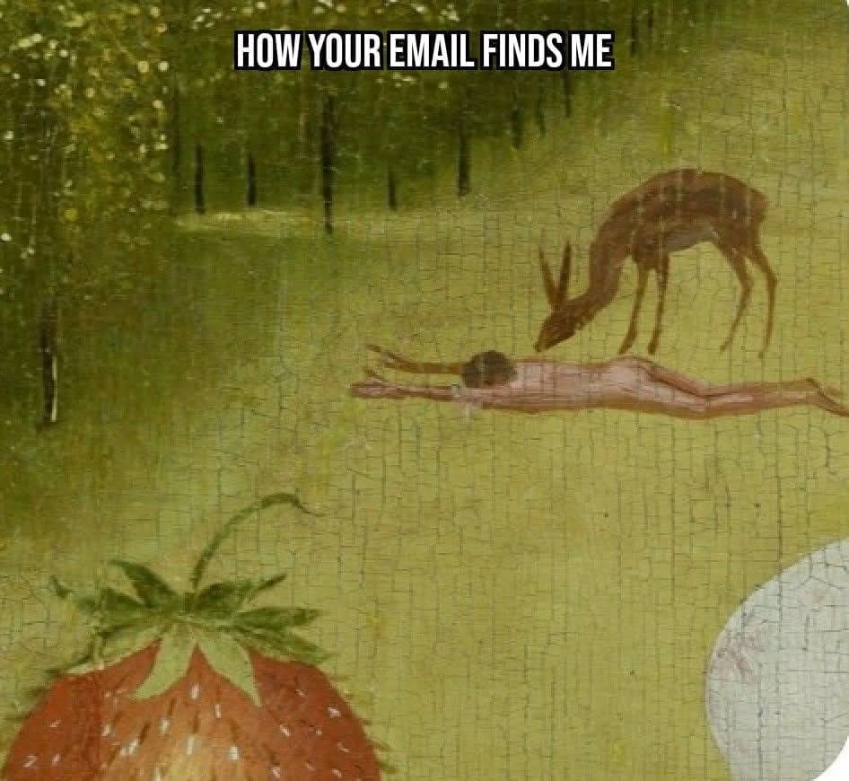 Classical painting of a person lying face down in grass being sniffed by a deer.