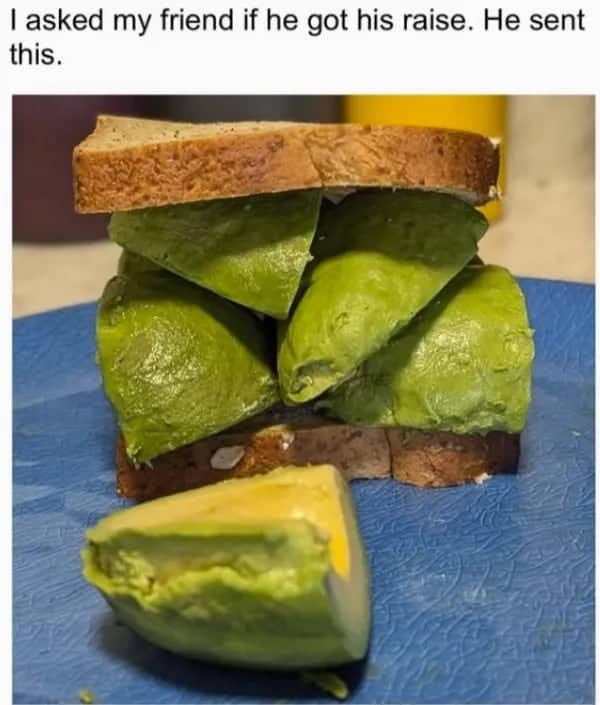 Sandwich overflowing with expensive avocado chunks signifying a salary raise funny pics