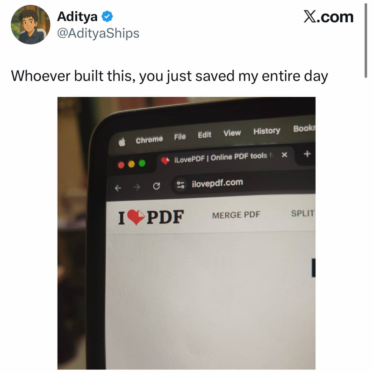 Laptop screen displaying I Love PDF website saving user work day.