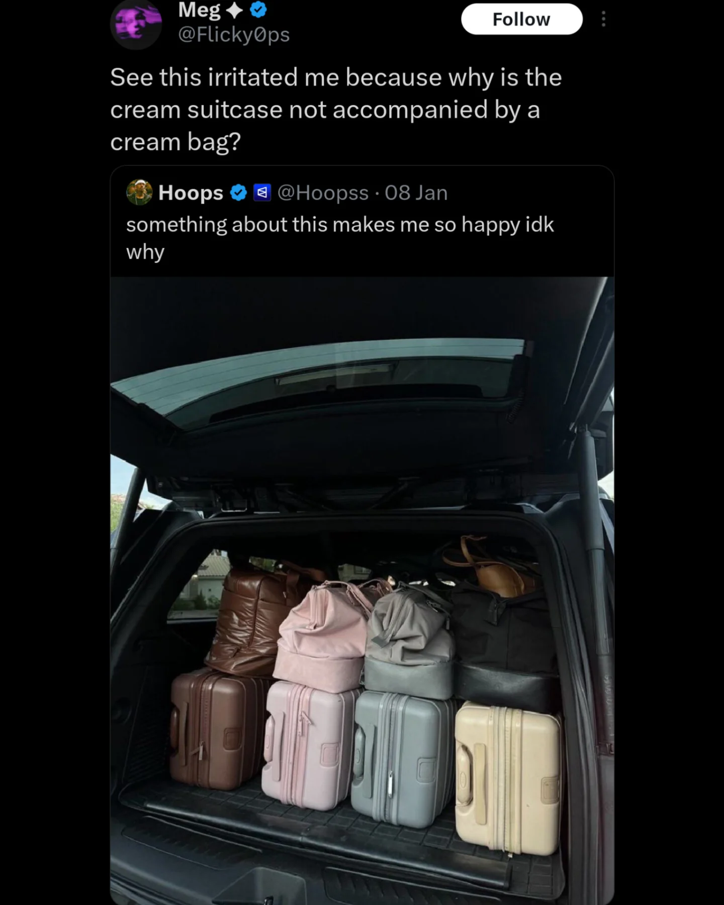 Stacked luggage in car trunk with mismatched cream and brown bag combinations.