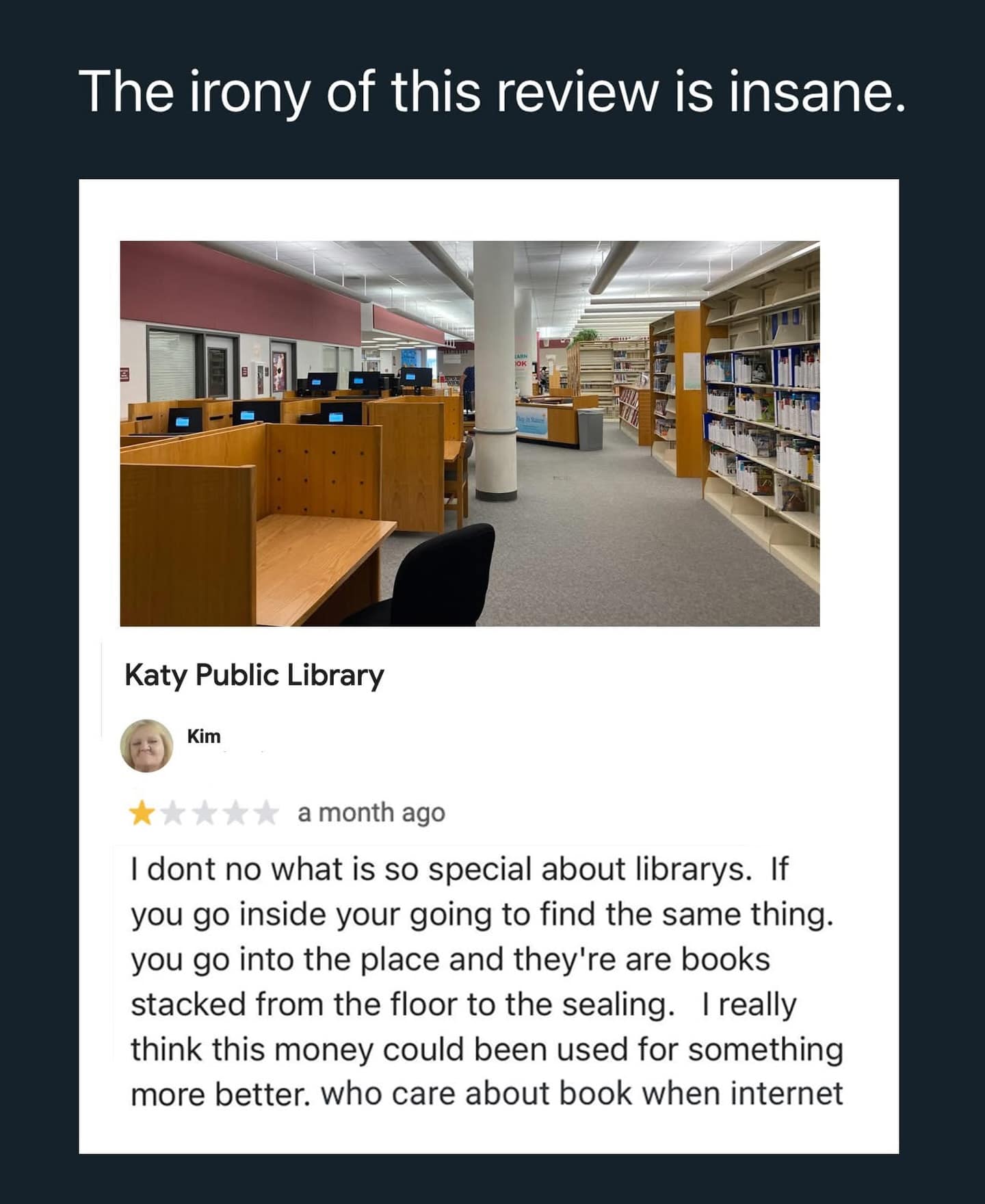 One-star library review with terrible spelling complaining about books.