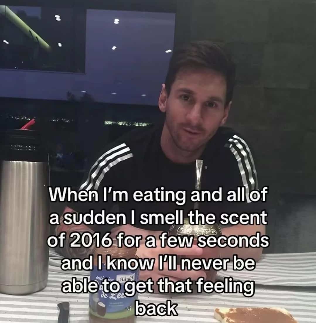 Lionel Messi looking nostalgic about a sudden scent triggering a memory of 2016.