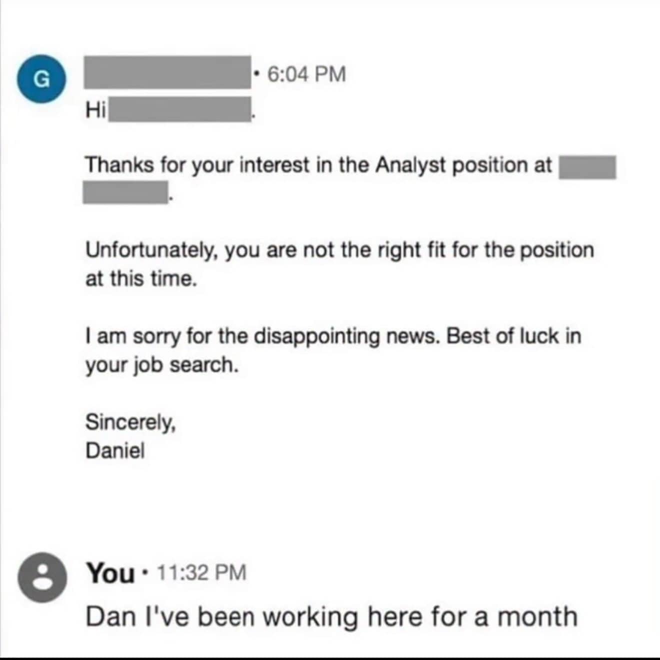Employee replies to rejection email stating they have worked there for a month.