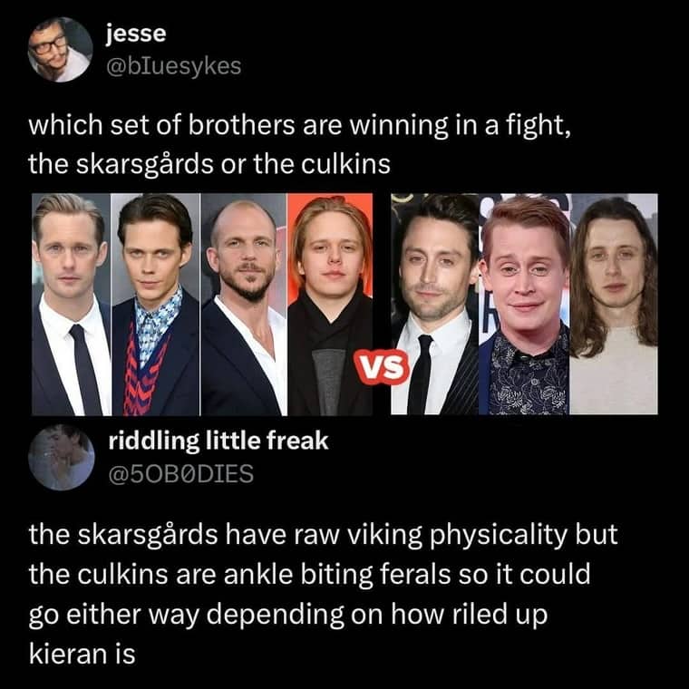 Comparison of Skarsgård brothers versus Culkin brothers fighting ability viral tweet.